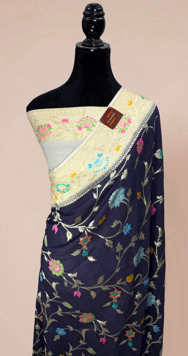 Black and Cream Pure Tussar Georgette Banarasi Handloom Saree - Designer Meenakari