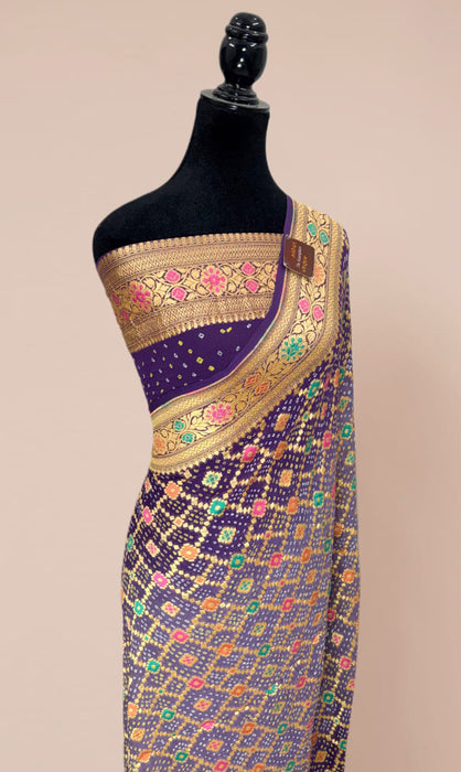 Handwoven Pure Georgette Bandhani Banarasi Saree - Meenakari Work