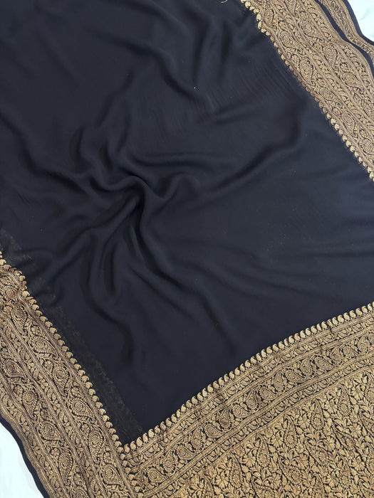 Black Khaddi Georgette Banarasi Handloom Saree - Antique Zari