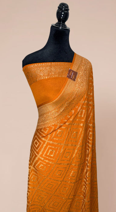 Rust Orange Pure Khaddi Georgette Banarasi Handloom Saree - Antique Zari
