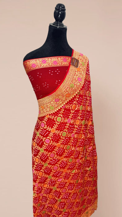 Handwoven Red Pure Georgette Bandhani Banarasi Saree - Meenakari Work