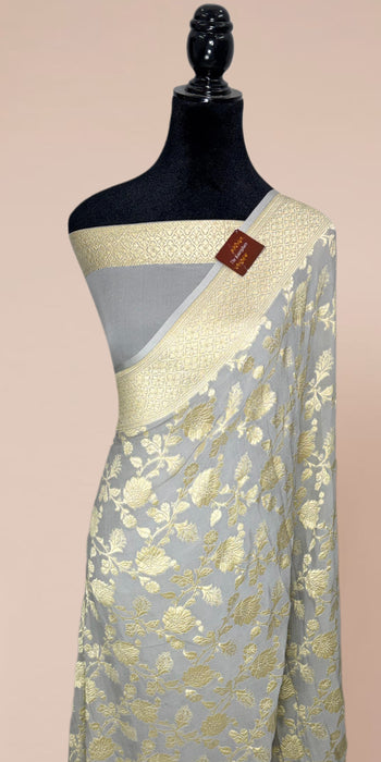 Persian Gray Khaddi Georgette Banarasi Handloom Saree - Water Zari