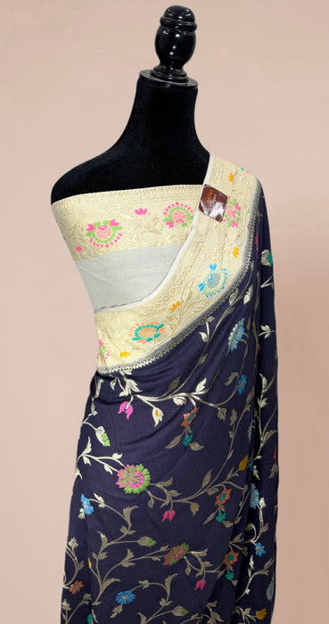 Black and Cream Pure Tussar Georgette Banarasi Handloom Saree - Designer Meenakari