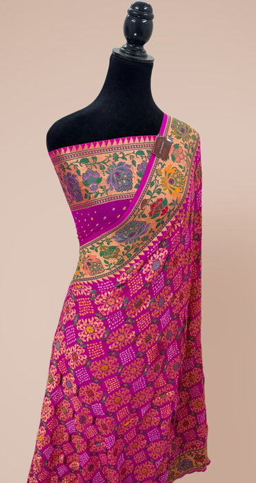 Handwoven Rani Pure Georgette Bandhani Banarasi Saree - Meenakari Work
