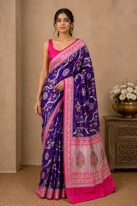 Purple and Pink Pure Tussar Georgette Banarasi Handloom Saree - Designer Meenakari