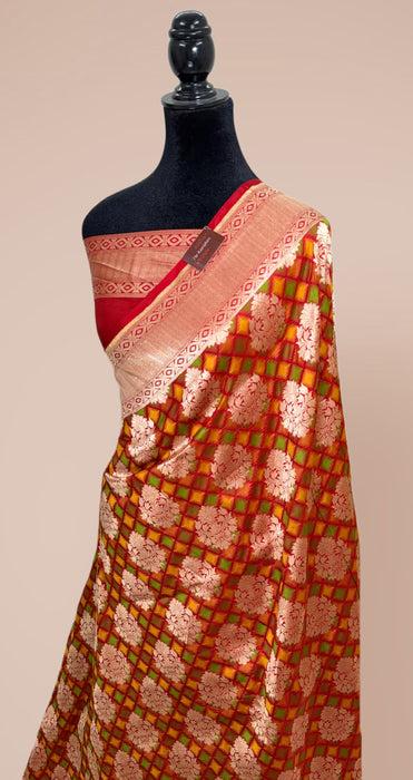Red Pure Katan Banarasi Handloom Saree - Multi Meenakari