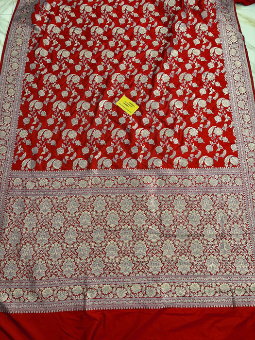 Red Pure Katan Banarasi Handloom Saree - Sona Jaal Work