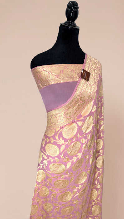 Indian Pink Khaddi Georgette Banarasi Handloom Saree - Water Zari