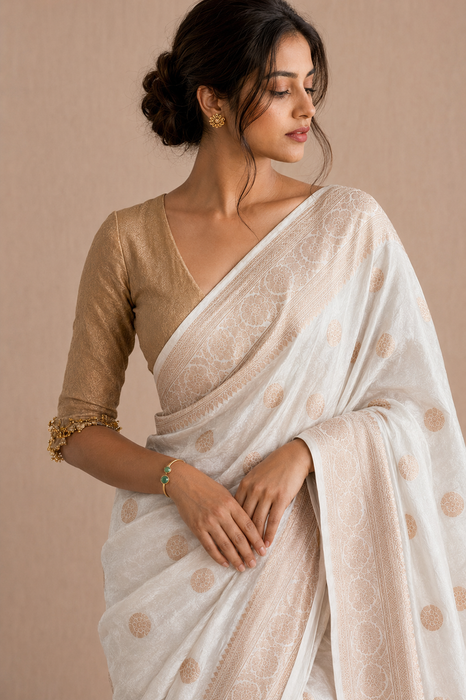 Off White Pure Katan Silk Banarasi Handloom Saree