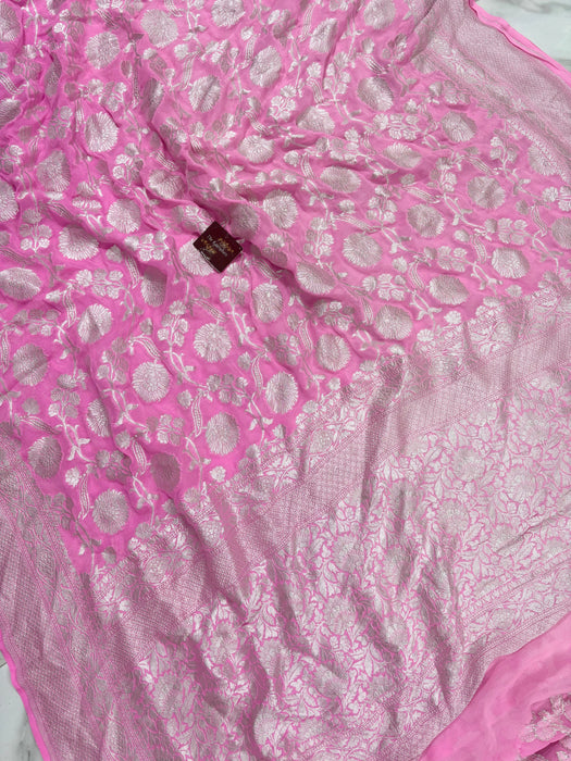 Pink Khaddi Georgette Banarasi Handloom Saree - Silver Zari