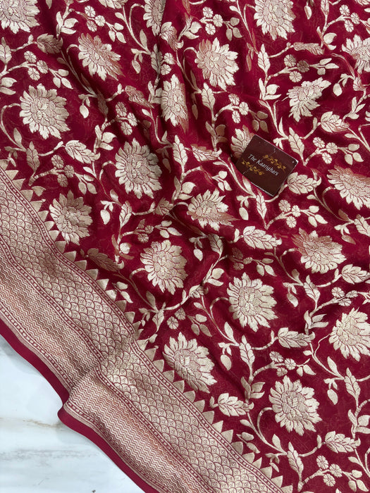 Maroon Khaddi Georgette Banarasi Handloom Saree - Water Zari