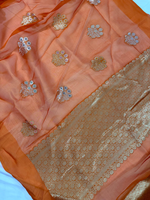 Orange Pure Kora Banarasi Handloom Saree - Meenakari Motifs