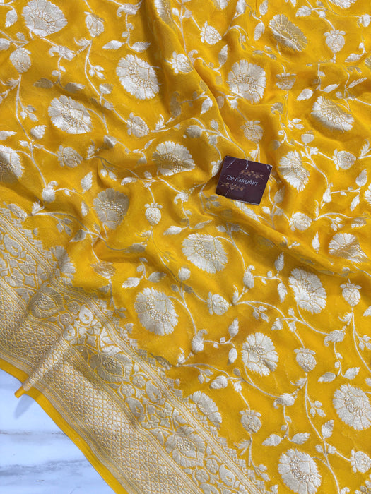 Yellow Khaddi Georgette Banarasi Handloom Saree - Water Zari