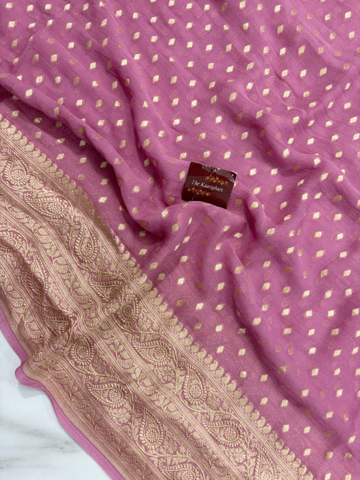 Soft Fuchsia Khaddi Georgette Banarasi Handloom Saree - Water Zari
