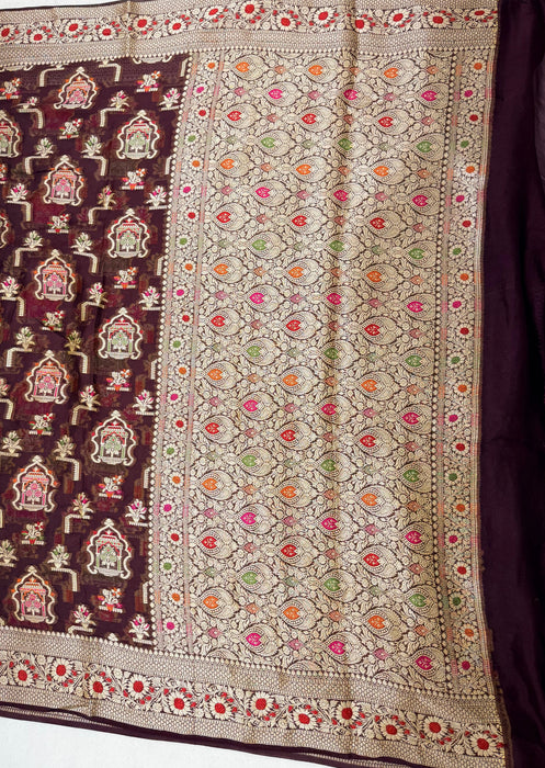 Brown Pure Khaddi Chiffon Banarasi Saree - Meenakari Work