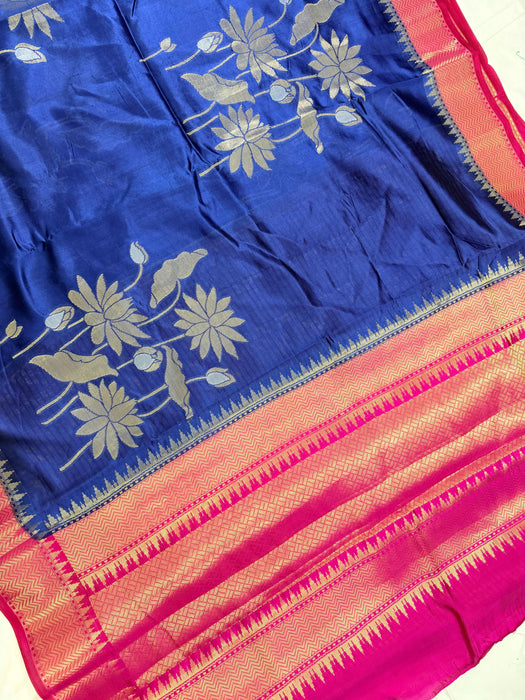 Blue Pure Raw Mango Banarasi Handloom Saree - Designer Buta
