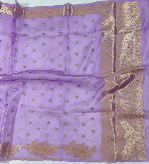 Lavender Pure Kora Banarasi Handloom Saree - Meenakari Motifs