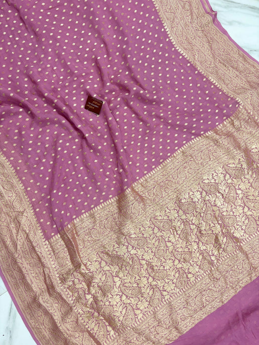 Soft Fuchsia Khaddi Georgette Banarasi Handloom Saree - Water Zari