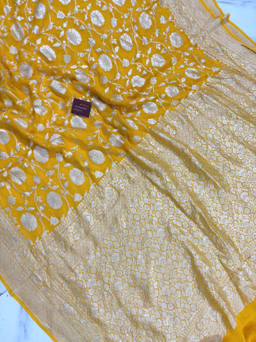 Yellow Khaddi Georgette Banarasi Handloom Saree - Water Zari