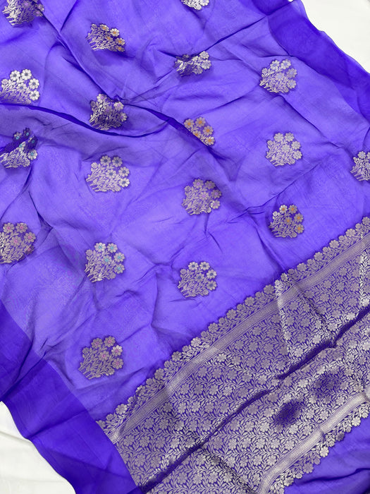 Royal Blue Pure Kora Banarasi Handloom Saree - Meenakari Motifs