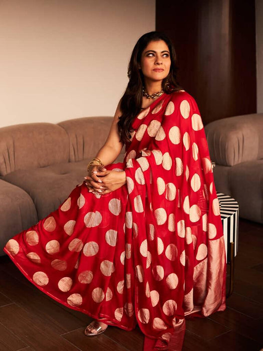 Kajol Red Khaddi Georgette Banarasi Handloom Saree - Water Zari