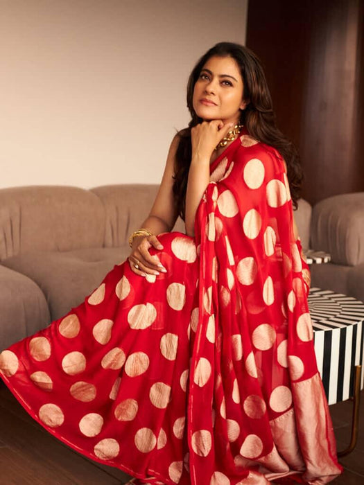 Kajol Red Khaddi Georgette Banarasi Handloom Saree - Water Zari