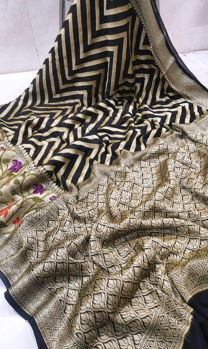 Black Pure Khaddi Chiffon Banarasi Saree