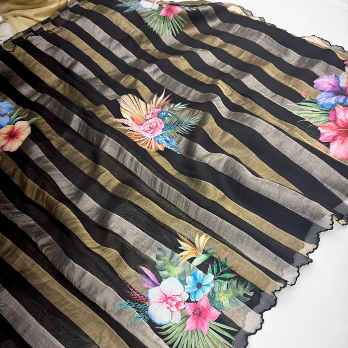 Black Pure Banarasi Tissue Organza Handloom Saree - Sona Roopa Stripes