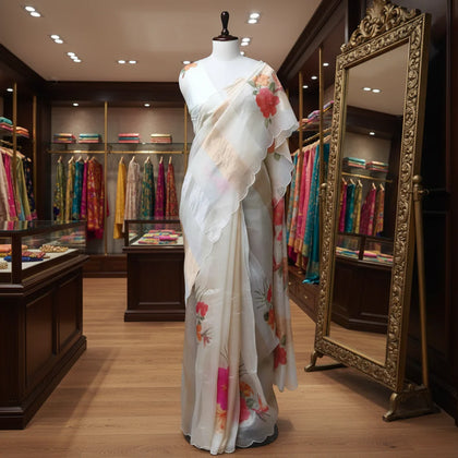 Off white Pure Banarasi Tissue Organza Handloom Saree - Sona Roopa Stripes