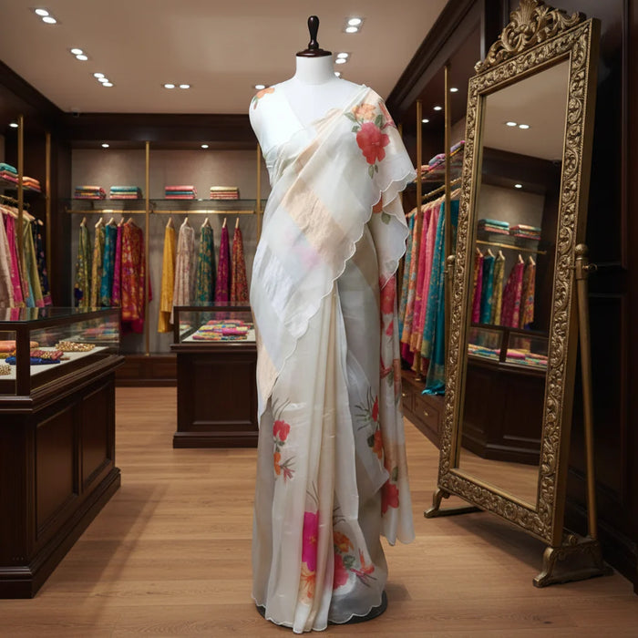 Off white Pure Banarasi Tissue Organza Handloom Saree - Sona Roopa Stripes