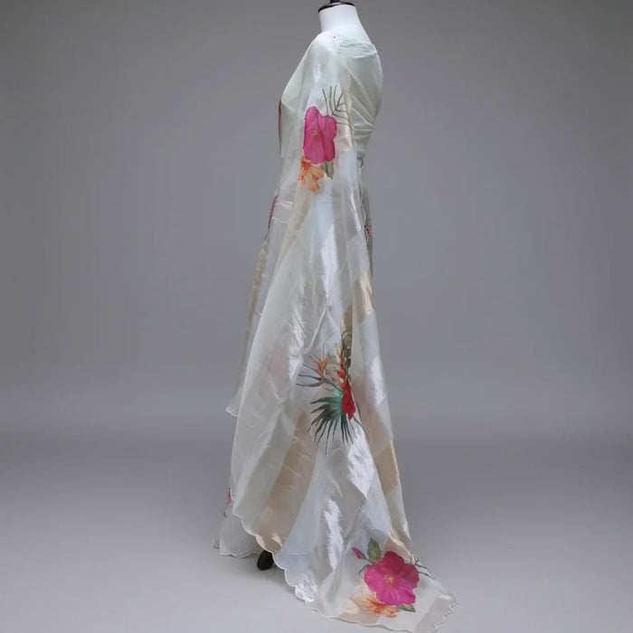Off white Pure Banarasi Tissue Organza Handloom Saree - Sona Roopa Stripes