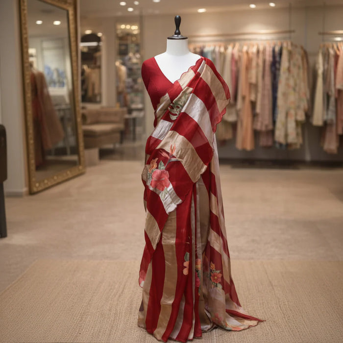 Maroonish Red Pure Banarasi Tissue Organza Handloom Saree - Sona Roopa Stripes