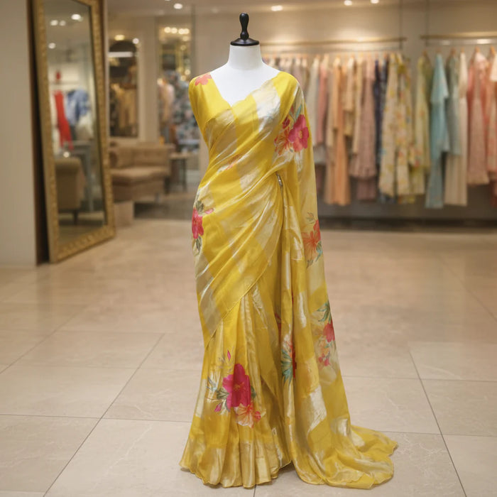 Gold Pure Banarasi Tissue Organza Handloom Saree - Sona Roopa Stripes