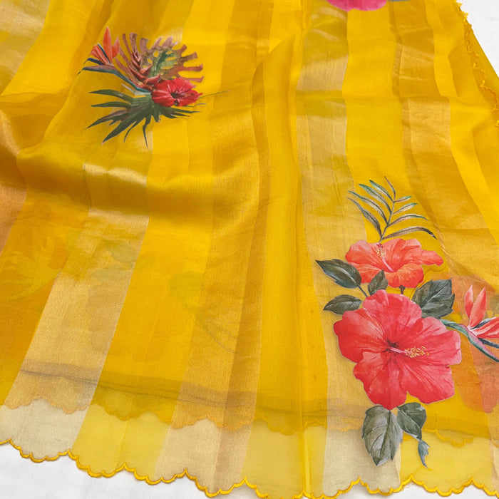 Gold Pure Banarasi Tissue Organza Handloom Saree - Sona Roopa Stripes