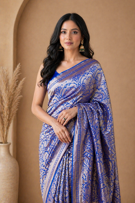 Blue Pure Katan Silk Banarasi Handloom Saree - Tanchui Brocade