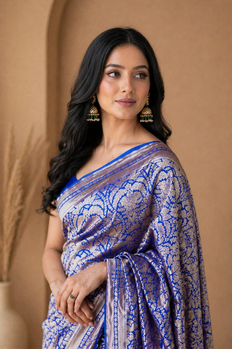 Blue Pure Katan Silk Banarasi Handloom Saree - Tanchui Brocade