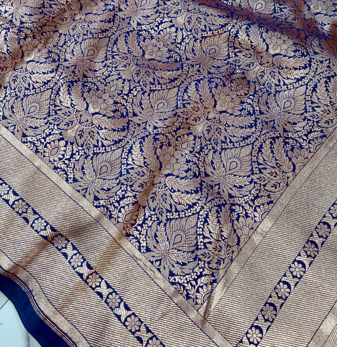 Blue Pure Katan Silk Banarasi Handloom Saree - Tanchui Brocade