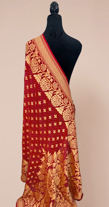 Red Pure Georgette Bandhani Banarasi Handloom Dupatta