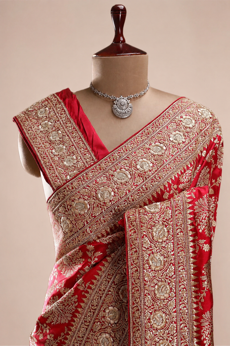 Red Pure Katan Banarasi Handloom Saree - Zardozi Dabka Work