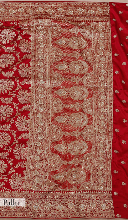 Red Pure Katan Banarasi Handloom Saree - Zardozi Dabka Work