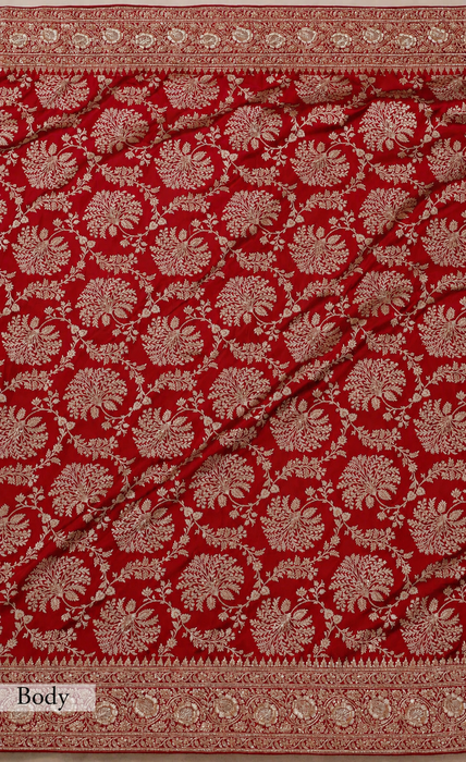 Red Pure Katan Banarasi Handloom Saree - Zardozi Dabka Work