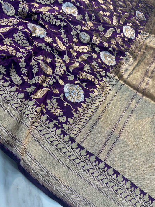 Indian Magenta Pure Katan Silk Banarasi Handloom Saree - Sona Roopa Jaal work