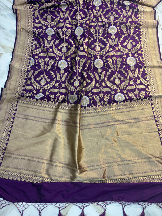 Indian Magenta Pure Katan Silk Banarasi Handloom Saree - Sona Roopa Jaal work
