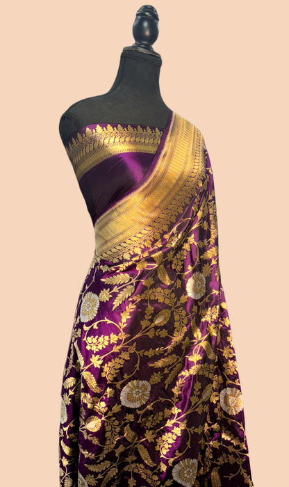 Indian Magenta Pure Katan Silk Banarasi Handloom Saree - Sona Roopa Jaal work