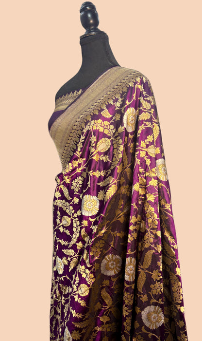 Indian Magenta Pure Katan Silk Banarasi Handloom Saree - Sona Roopa Jaal work