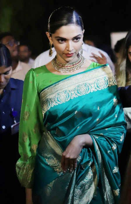 Deepika Padukone Green Pure Katan Silk Banarasi Handloom Saree - Kadhwa Motifs