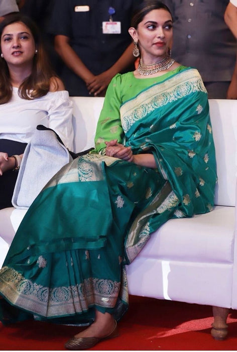 Deepika Padukone Green Pure Katan Silk Banarasi Handloom Saree - Kadhwa Motifs