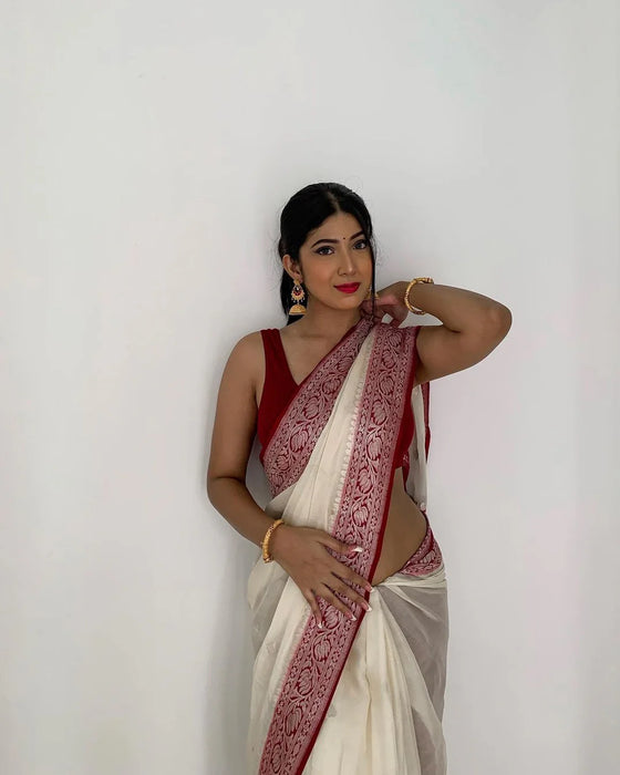 Pure Kadhwa Chiffon Georgette Banarasi Saree - Silver Zari