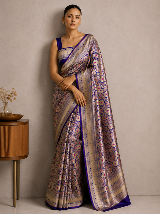 Royal Blue Pure Katan Banarasi Handloom Saree - Meenakari Brocade Work