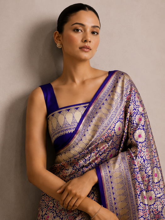 Royal Blue Pure Katan Banarasi Handloom Saree - Meenakari Brocade Work